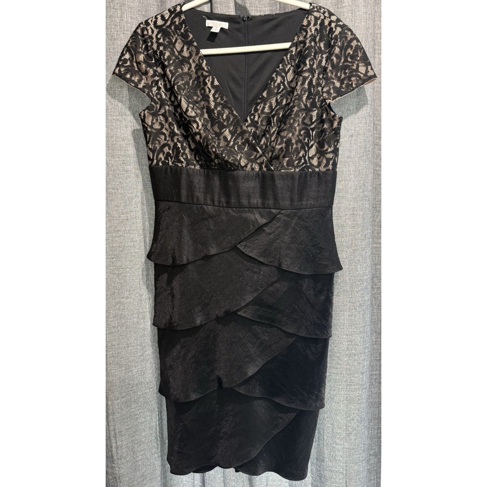 London Times Dress Size 12 Black/Taupe Sheath Midi Zipper Lined Ruffle V-Neck
